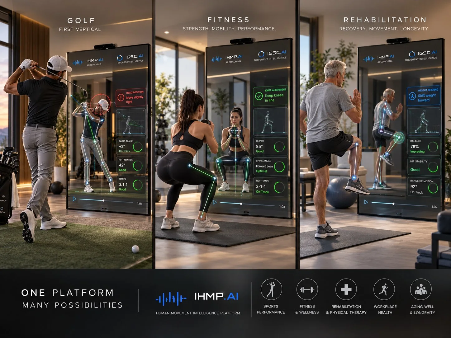Concept rendering: the same smart mirror used for golf, fitness and rehabilitation