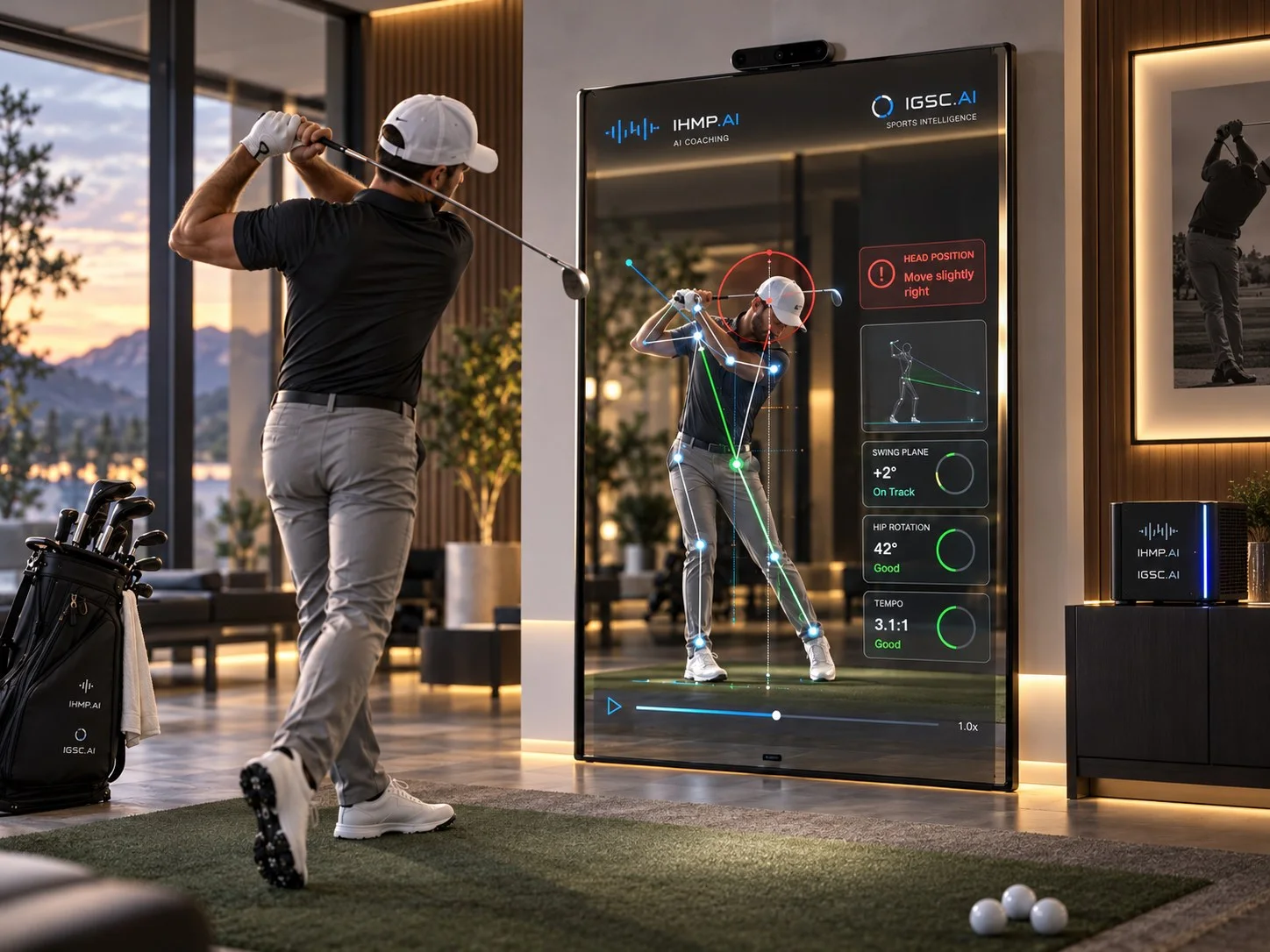 Concept rendering: smart mirror showing self-guided swing analysis